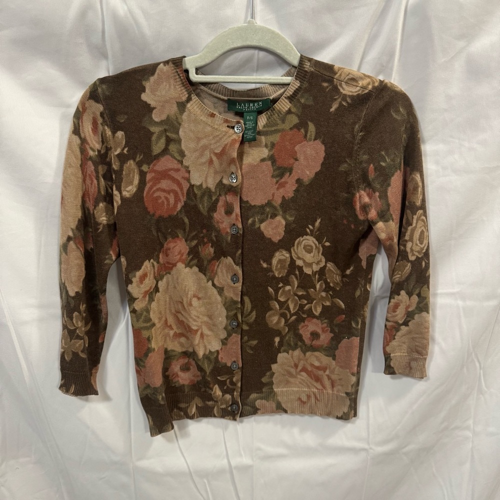 Lauren Ralph Lauren Small Petite Silk Blend Floral Print Cardigan